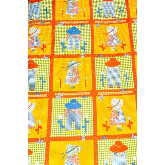 Vtg Quilt Blanket Sunbonnet Farmer Boy Girl 60x40" Red Yellow Blue Cottage Core - Picture 1 of 5